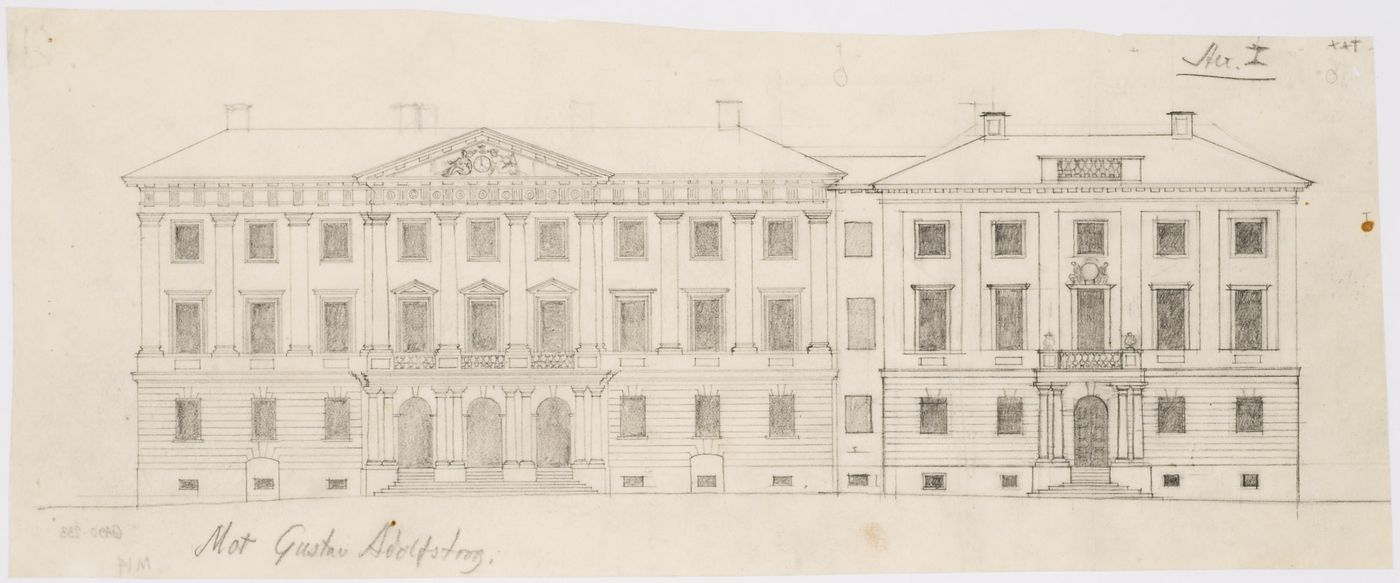 Elevation for the principal façade for the 1918-1925 design for the Göteburg rådhusets tillbyggnad [courthouse annex] showing the 1918-1925 design for the Göteburgs rådhus [courthouse], Göteborg, Sweden