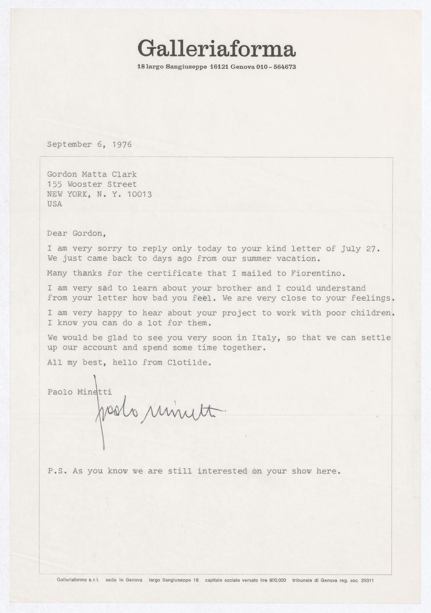 Letter from Paolo Minetti to Gordon Matta-Clark