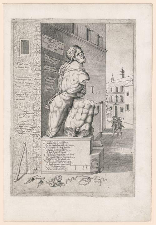 Perspective of the statue of Pasquino in front of a building, Rome, including inscriptions pasted to the next statue