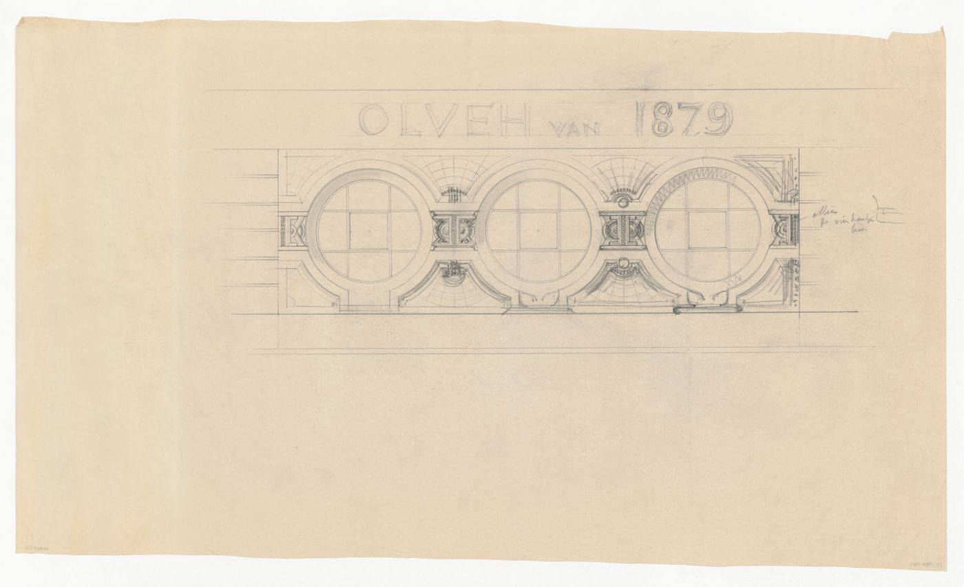 Elevation for windows [?], moldings, and lettering for Olveh mixed-use development, Rotterdam, Netherlands