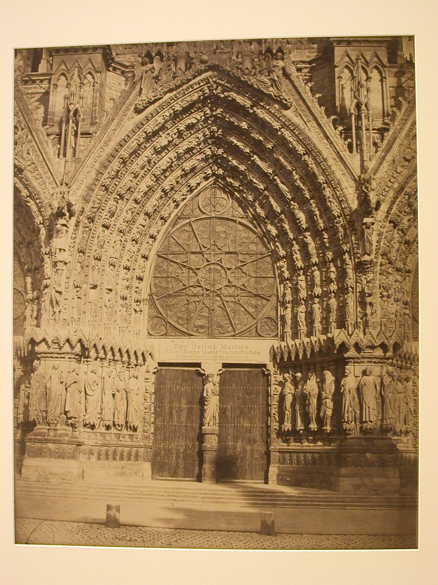 Detail of central portal, west façade at Reims Cathedral, Reims, France