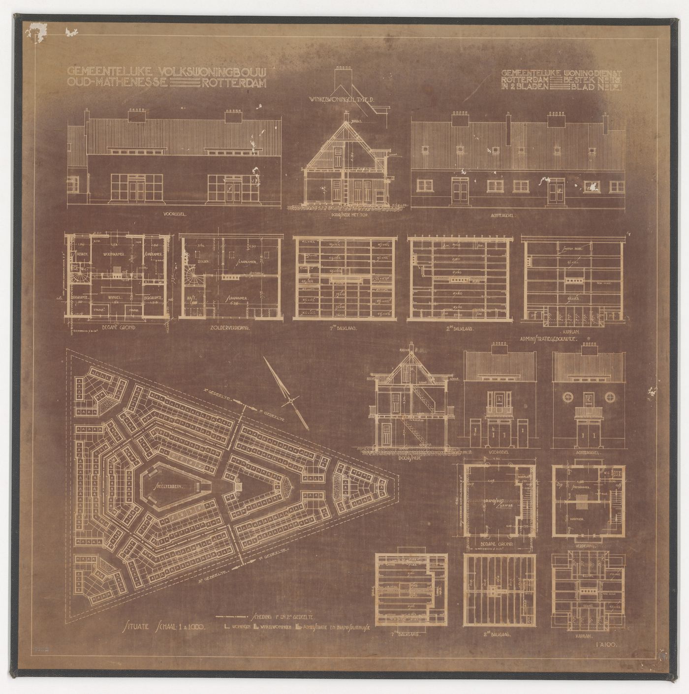 Site plan, floor, roof, and framing plans, sections and elevations for Oud-Mathenesse Housing Estate, Rotterdam, Netherlands