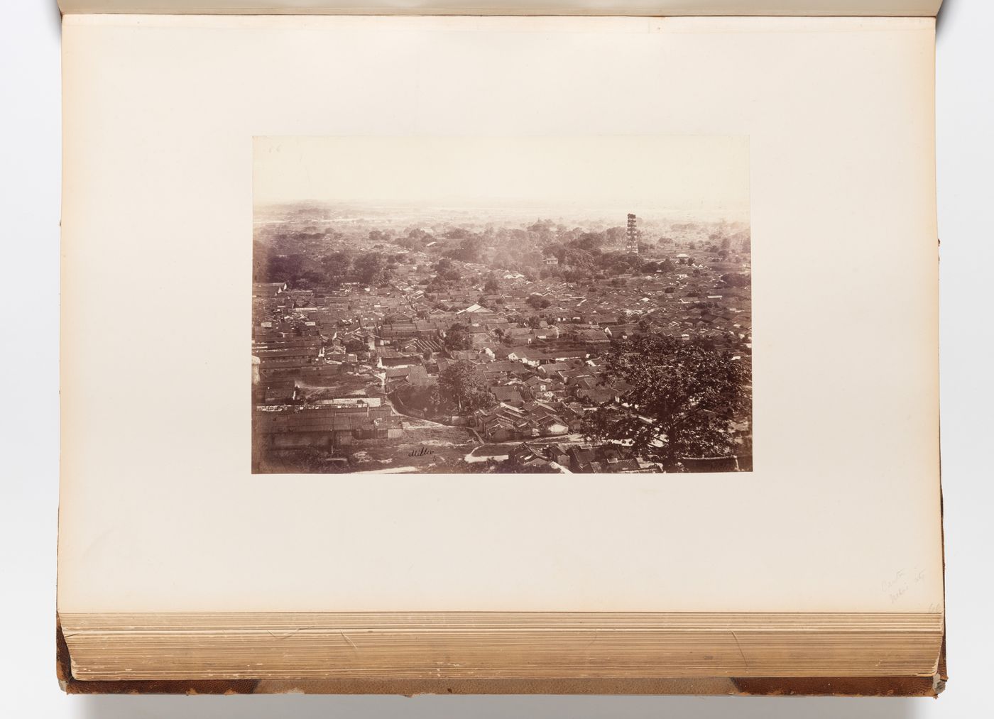 Panoramic view of Canton (now Guangzhou) showing houses and the Temple of the Six Banyan Trees (Liù róng sì) before its restoration, China