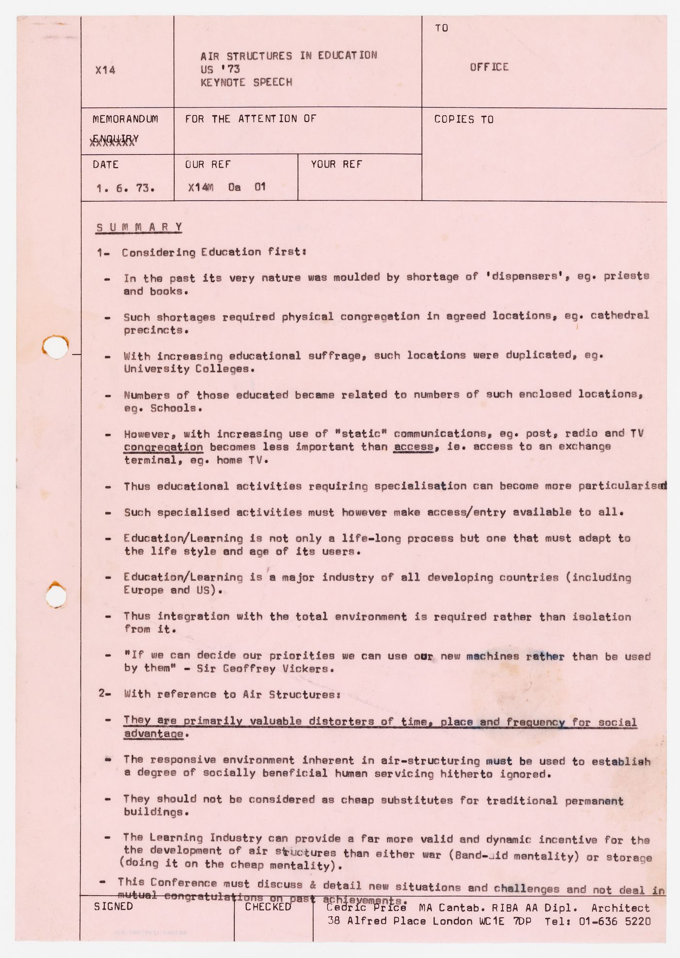 Memorandum to Office about keynote speech at Air Structures in Education conference of 1973