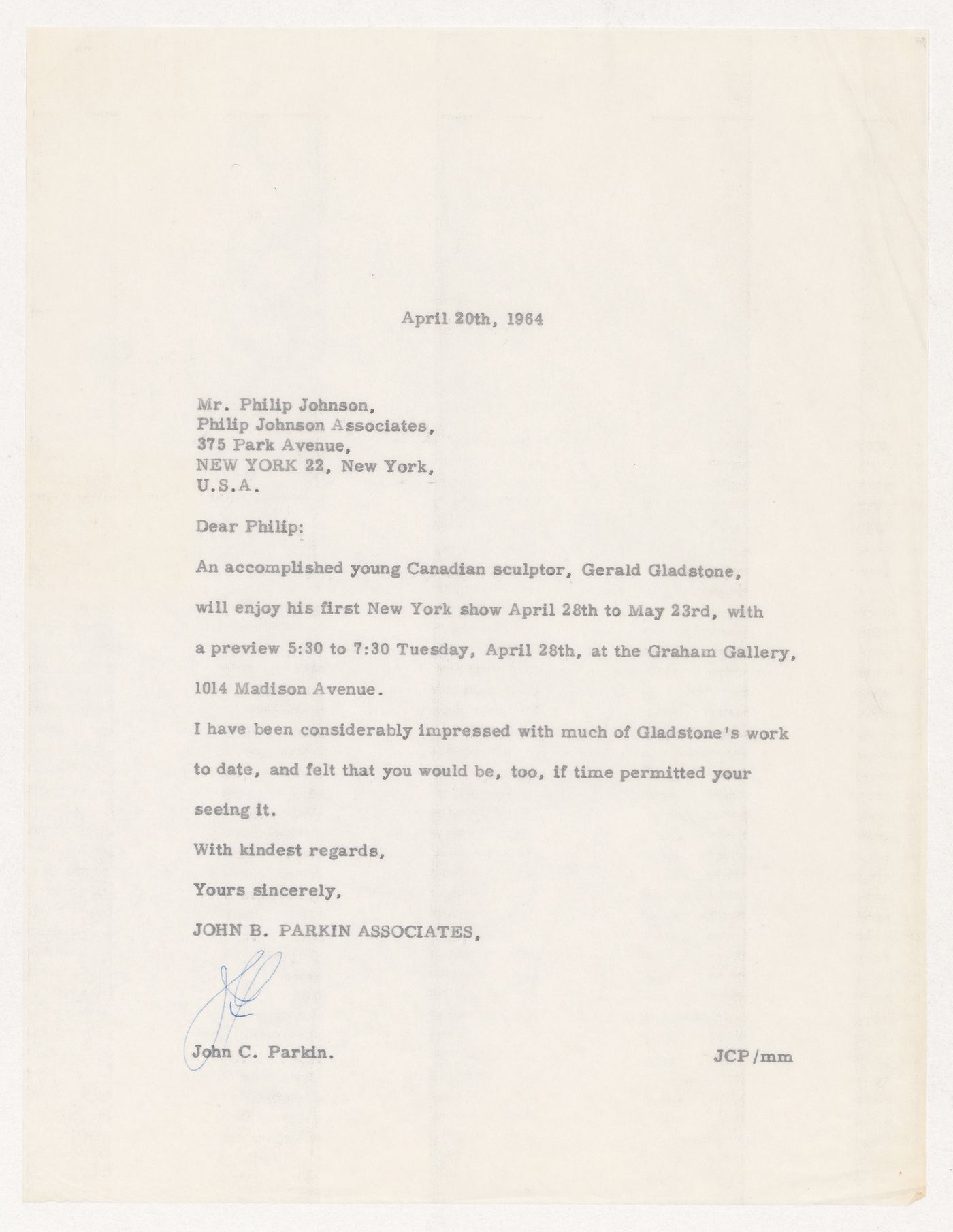 Letter from John C. Parkin to Philip Johnson on Gerald Gladstone exhibit in New York