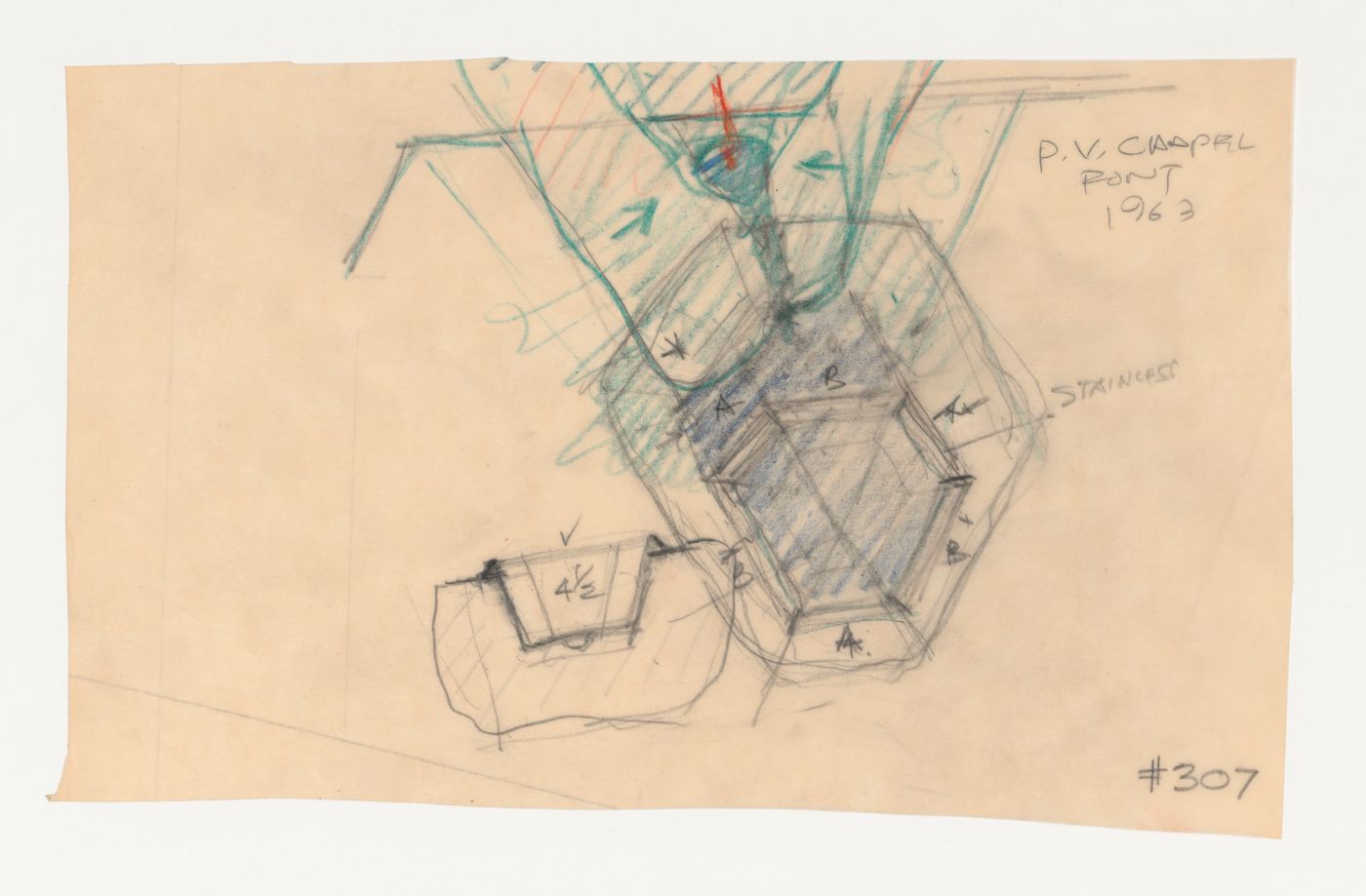 Wayfarers' Chapel, Palos Verdes, California: Sketch plan and sketch section for the baptismal font