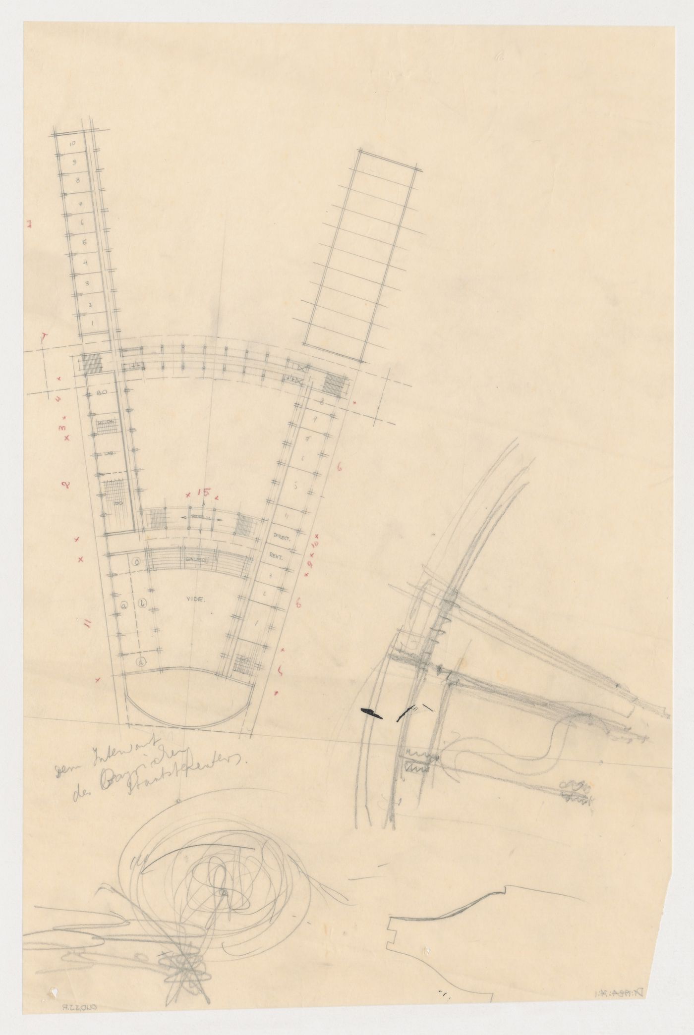 Plan and sketch plan for the 1926 design for People's University, Rotterdam, Netherlands
