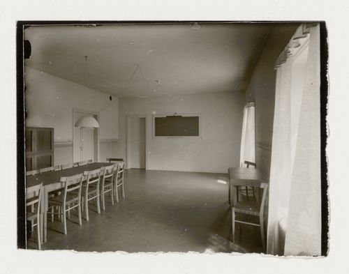 Interior view of the room for evening classes of Stockholm Public Library showing tables and chairs, 51-55 Odengatan, Stockholm