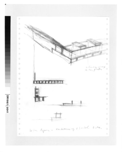 Housing Pilotengasse, Vienna-Aspern: Conceptual sketches, including siteplans, plans, elevations, and perspectives