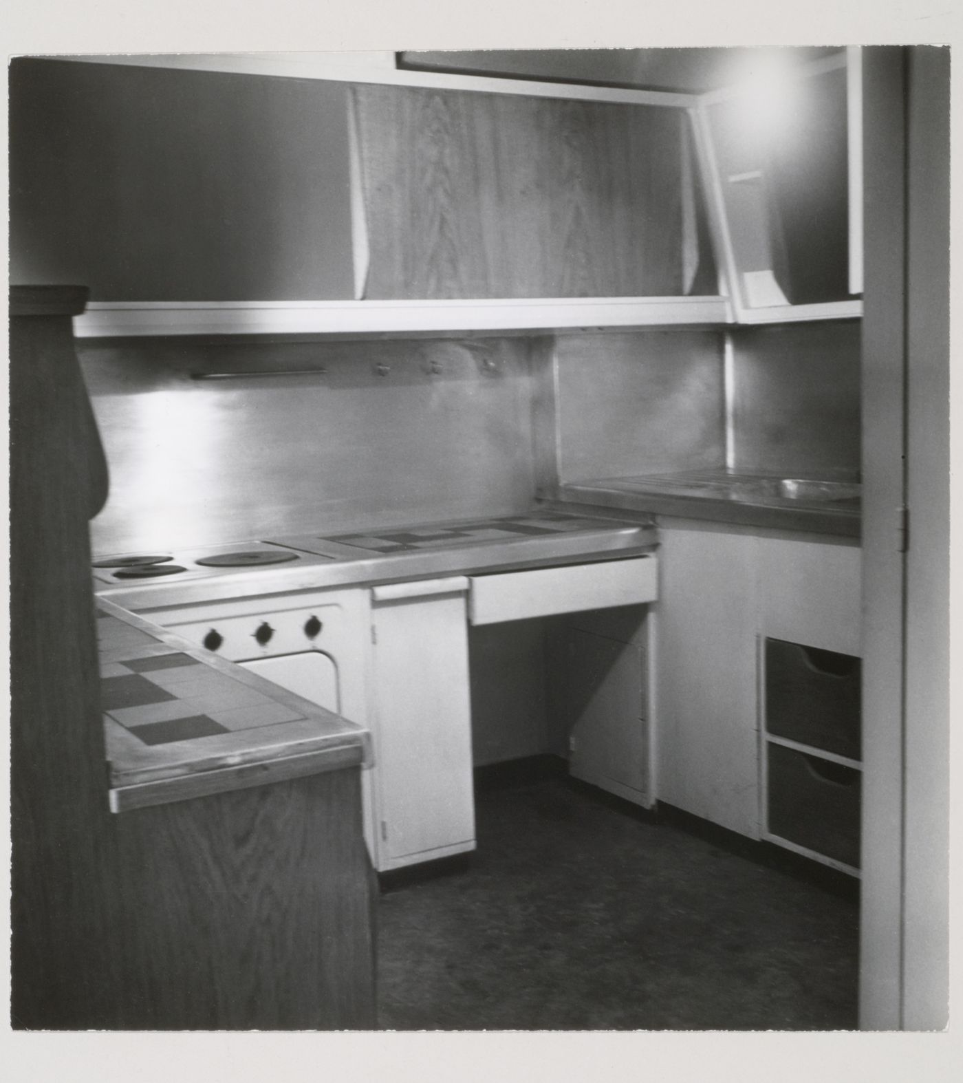 Interior view of an apartment kitchen showing a built-in stove, Unité d'habitation, Marseille, France