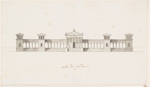 Site plan, plan and elevations for two alternate designs for a college; verso: Plan for a hospital