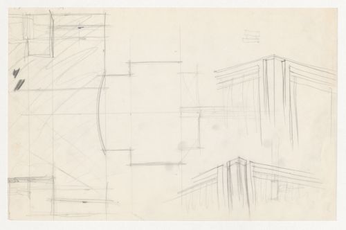 Perspective sketches showing window mullions, cornice and column connection at corners and an unidentified sketch for the Metallurgy Building, Illinois Institute of Technology, Chicago, with a small sketch elevation for brick coursing