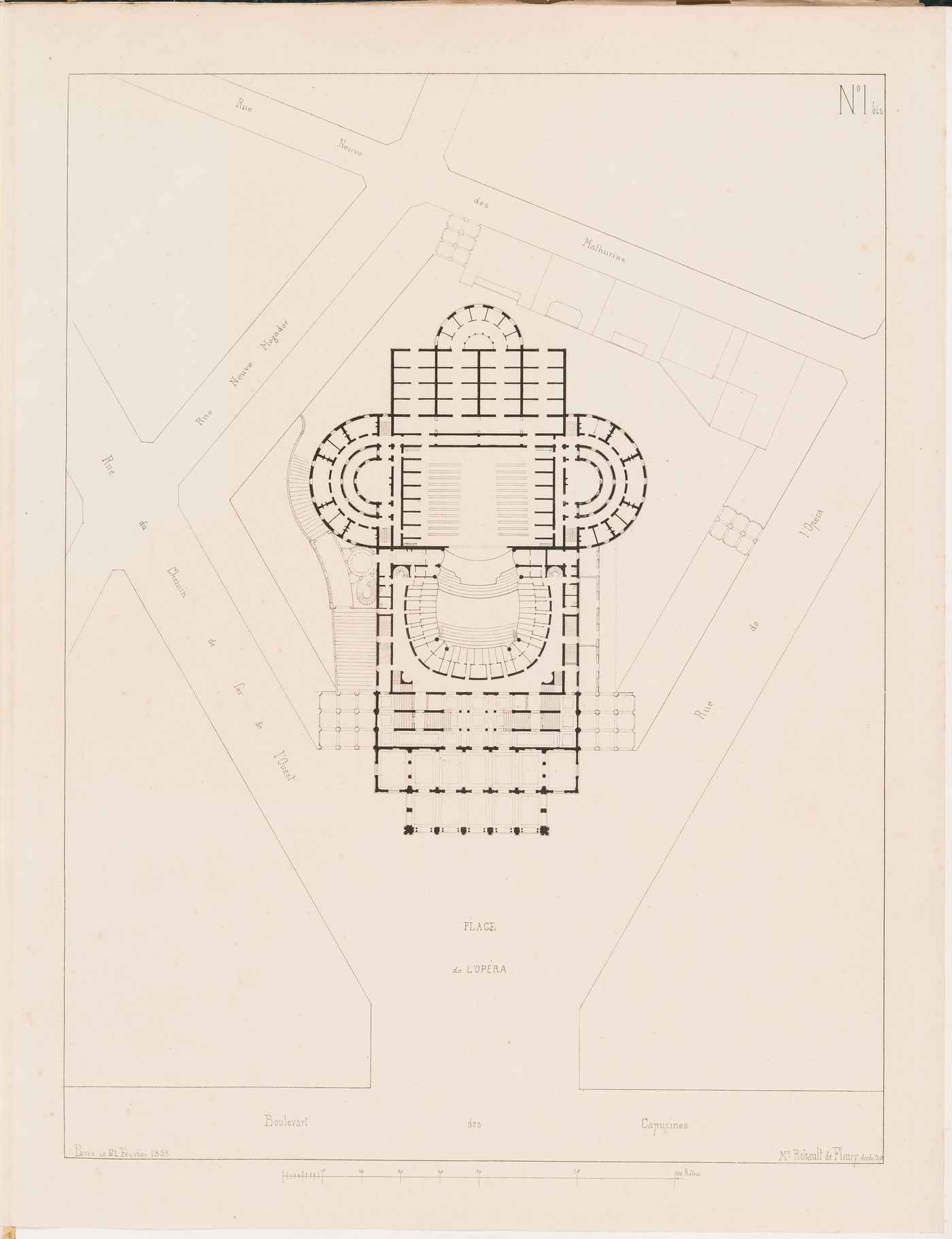 Project for an opera house for the Théâtre impérial de l'opéra: Site plan showing a ground floor plan