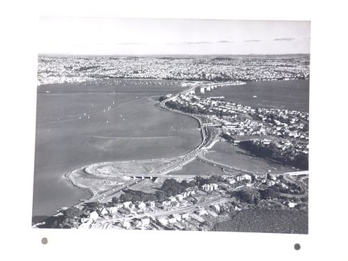 Aerial view of the Auckland Harbour Bridge, over the Waitematā Harbour, Auckland, New Zealand