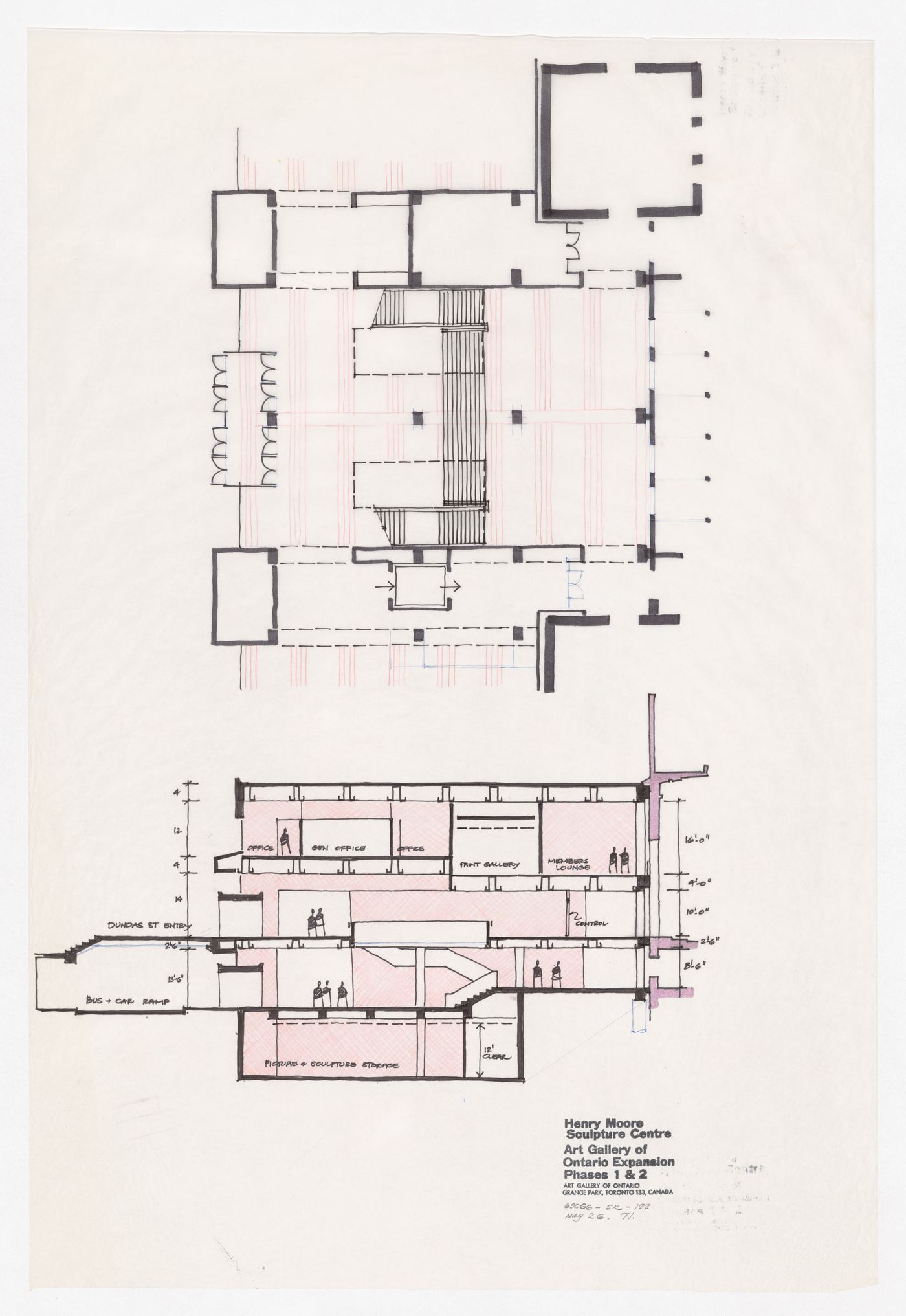 Sketch plan and section for Henry Moore Sculpture Centre, Art Gallery of Ontario, Stage I Expansion, Toronto