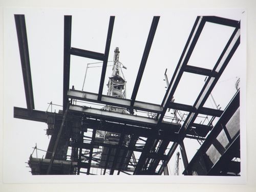 View of construction of steel structure for power station, from below, United Kingdom