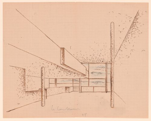 Copy after Le Corbusier, interior perspective view of the living room and terrace at the Villa Baizeau
