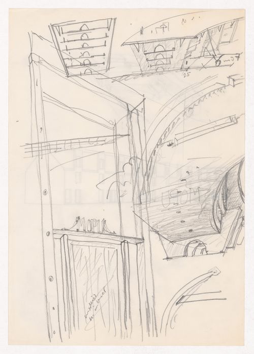 Sketch details for Centro Meteorológico da Villa Olimpica, Barcelona, Spain; verso: Sketch axonometric view for Edifício da Reitoria e Biblioteca Jurídica in Valencia, Spain and perspective for an unidentified building