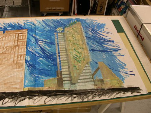 Elevation of CBC Tower project (unbuilt) next to Moshe Safdie's Vancouver Public Library, Vancouver, British Columbia
