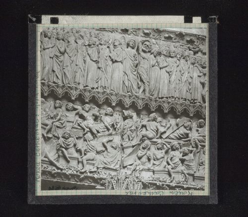 Detail view of relief sculpture of north porch of cathedral, Rouen, France