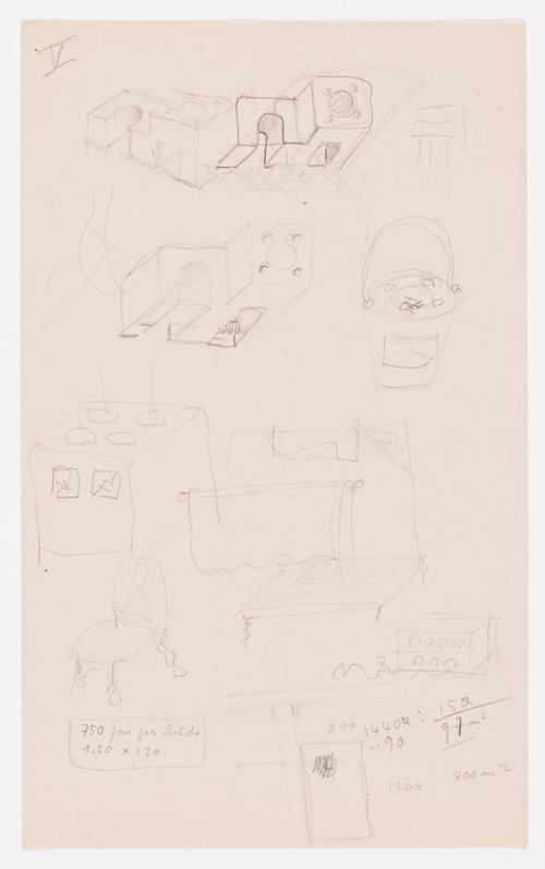 Sketches for dwellings and building possibly in Chandigarh, India