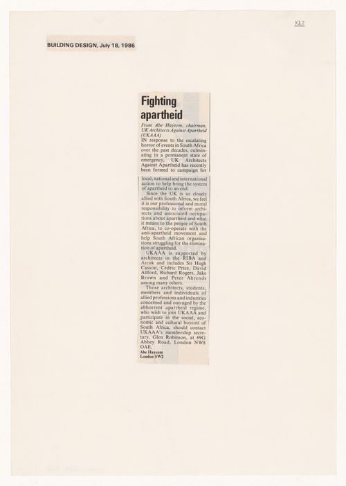 Newspaper clipping, "Fighting apartheid"