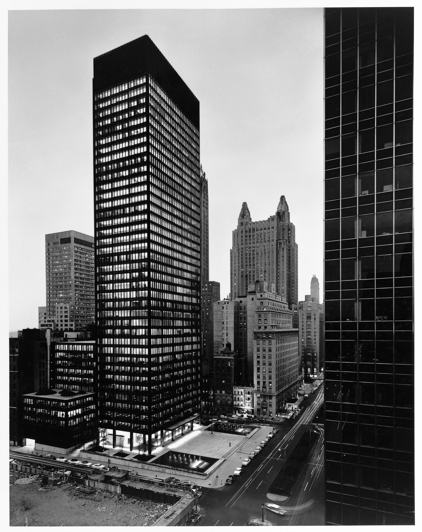 View of the Seagram Building and Plaza at dusk, New York City, New York, United States