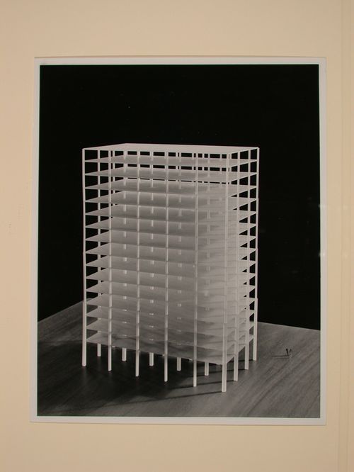 Photograph of a student [?] model for a building with concrete structural framework, Sequence of Tall Buildings