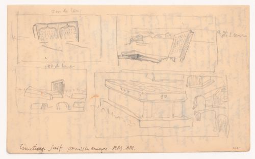 Sketches of tombstones and a sarcophagus in a Jewish cemetery