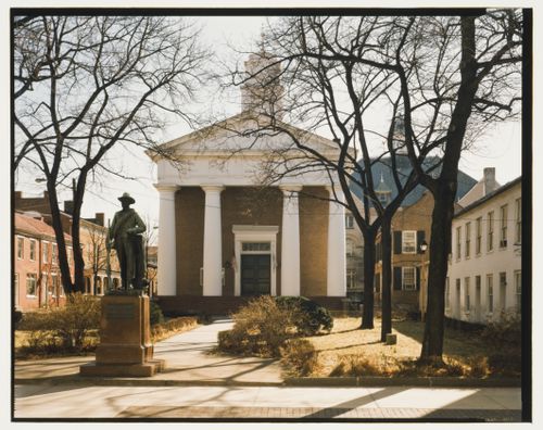 View of the Frederick County Courthouse with a statue in the foreground, Winchester, Virginia