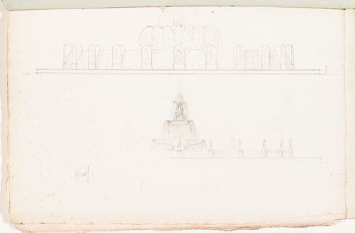 Two conceptual elevations and a half plan for a fountain; verso: Conceptual sketches, including plans, elevations and details for a colonnade and an urban square, probably place Louis XV