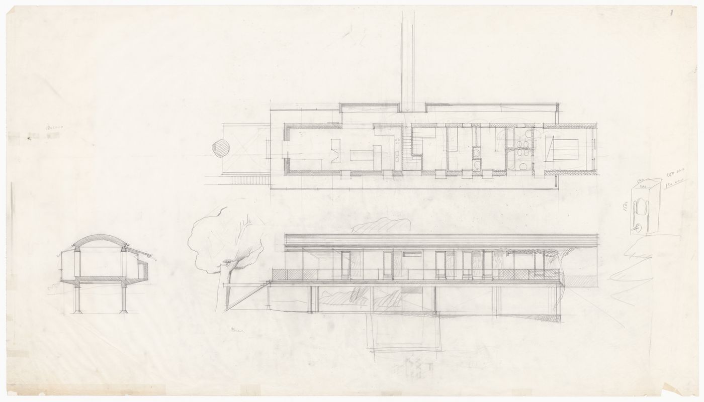 Floor plan, section and exterior elevation for Unidentified house, Italy
