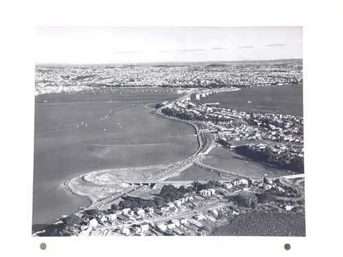 Aerial view of the Auckland Harbour Bridge, over the Waitematā Harbour, Auckland, New Zealand