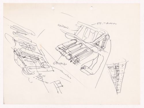 Sketch axonometric views and plan with annotations for Loteamento Bárbara de Sousa, Ovar, Portugal