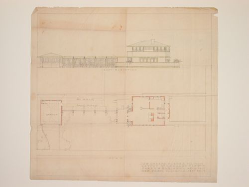 William B. Greene House, Aurora, Illinois: East elevation and plan for house, garage, and adjacent grounds