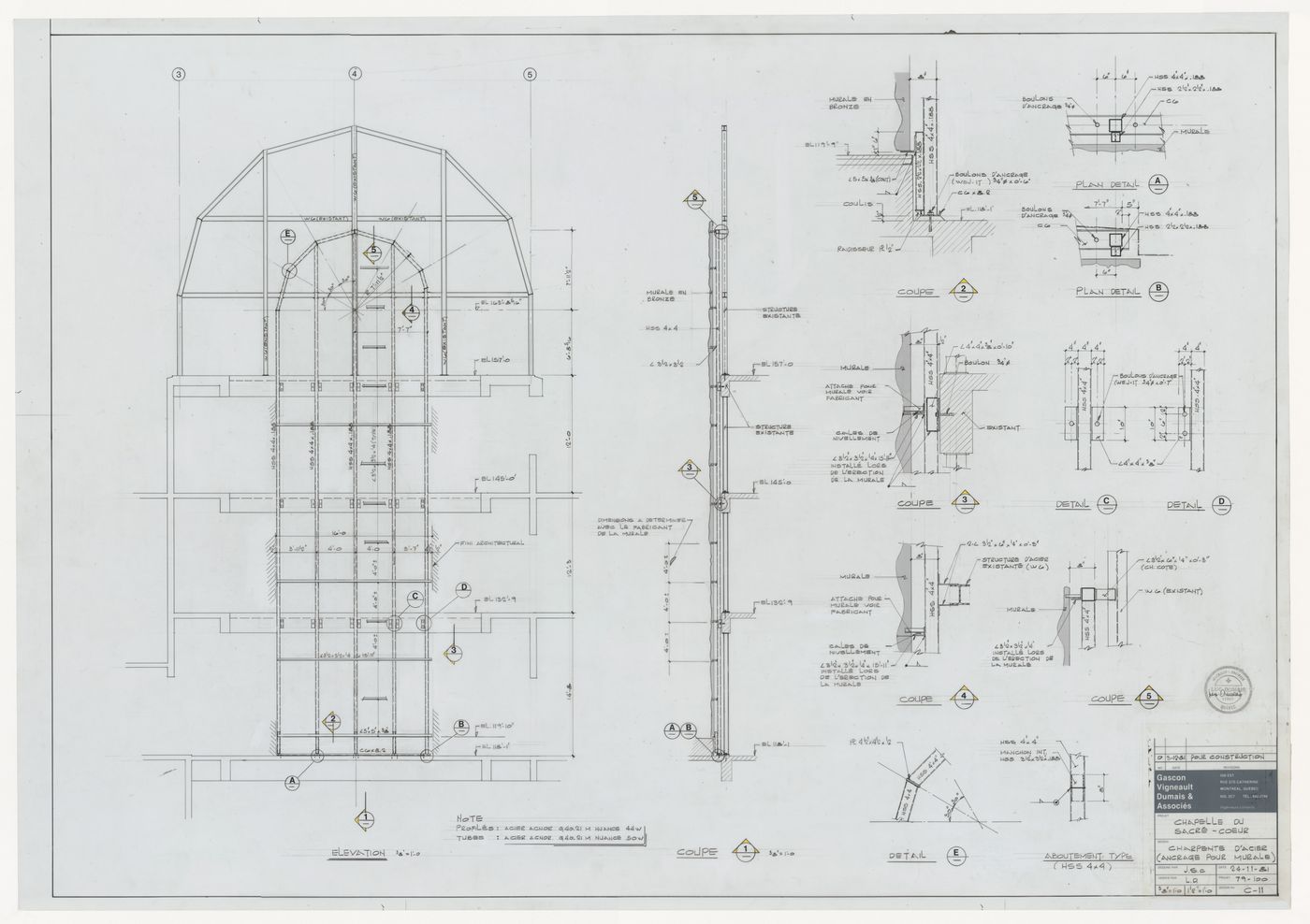 Elevation and sections for a wall and wall details for mural anchoring for the reconstruction of the Chapelle du Sacré-Coeur, Notre-Dame