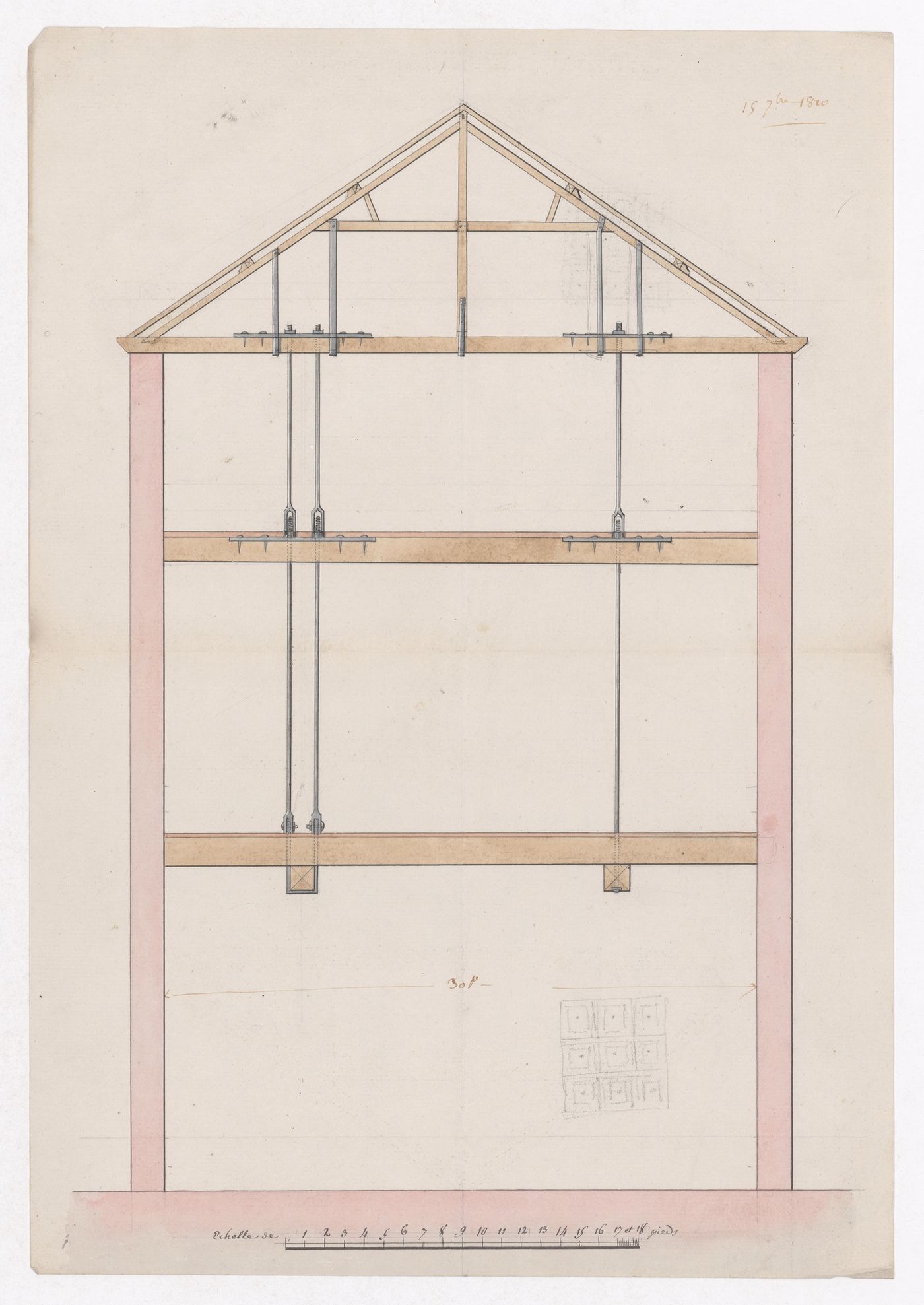 Section showing tie rods for Market Building, Marché des Carmes, Paris