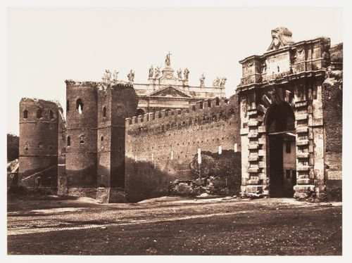View of the Porta San Giovanni and the Aurelian Wall with the Basilica di S. Giovanni in Laterano in the background, Rome, Italy