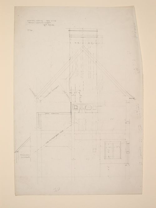 St. Peter's Home, Woking: Section for the main portion of the new wing, looking north, with a plan for the chimney flues