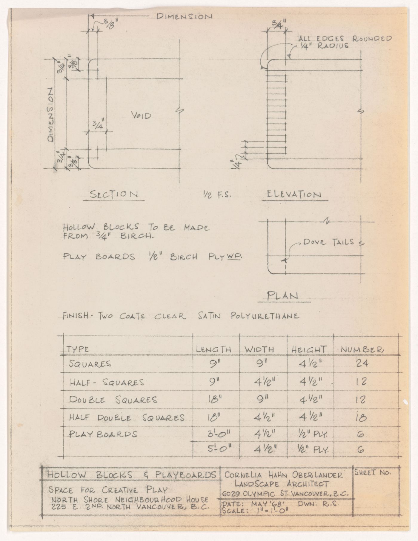 Section, elevation, plan, and notes for North Shore Neighbourhood House Playground, Vancouver, British Columbia