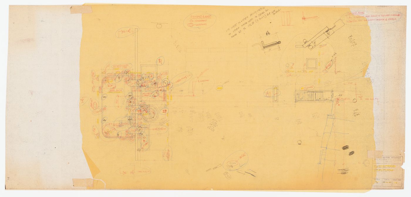 Bye House: plan for the first floor, overlaid with sketches and notes