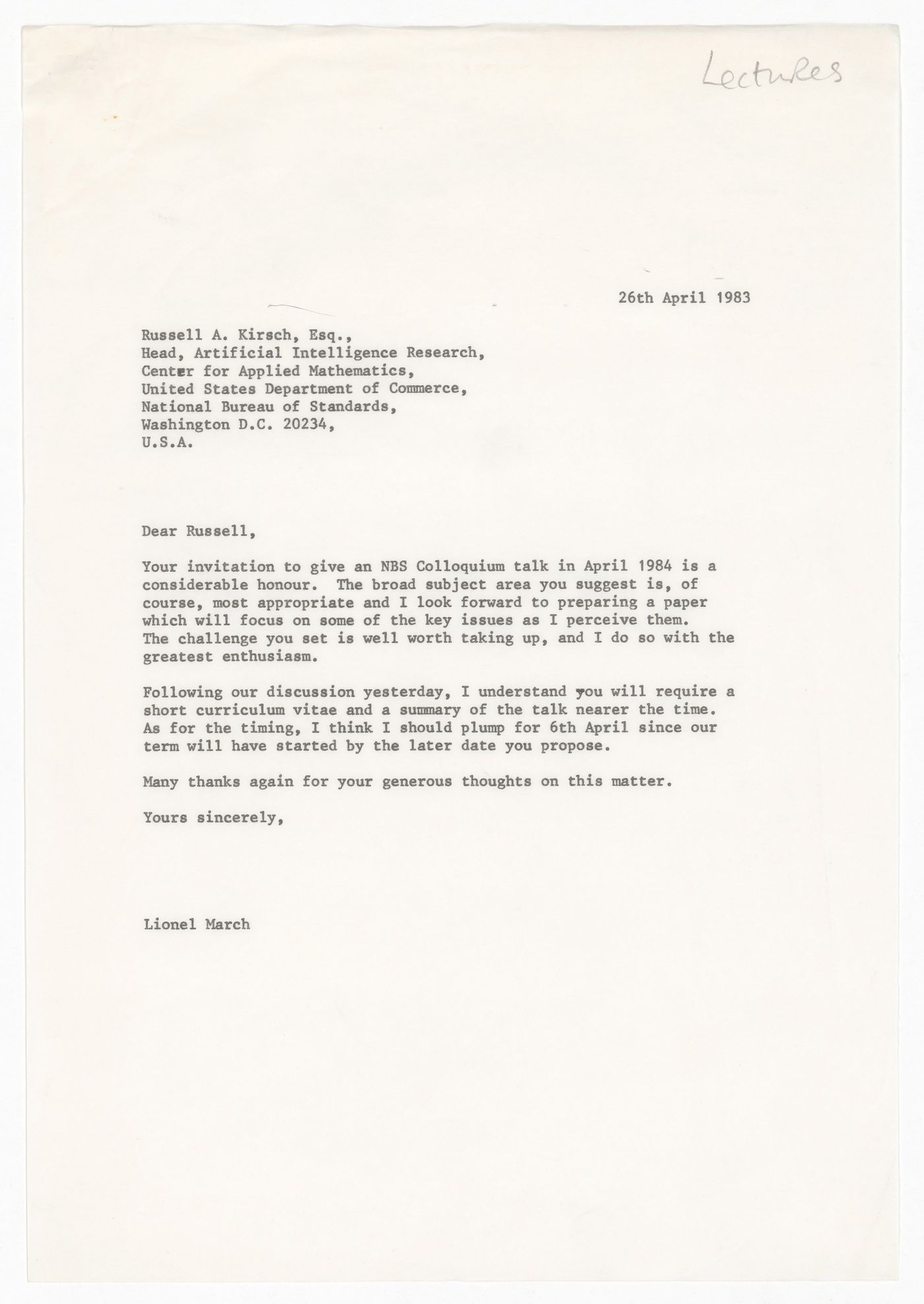 Letter from Lionel March to Russell A. Kirsch