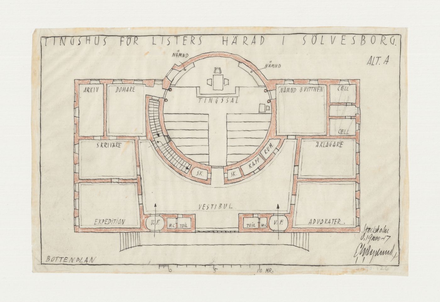 Ground plan for Lister härads tingshus showing a circular courtroom, Sölvesborg, Sweden