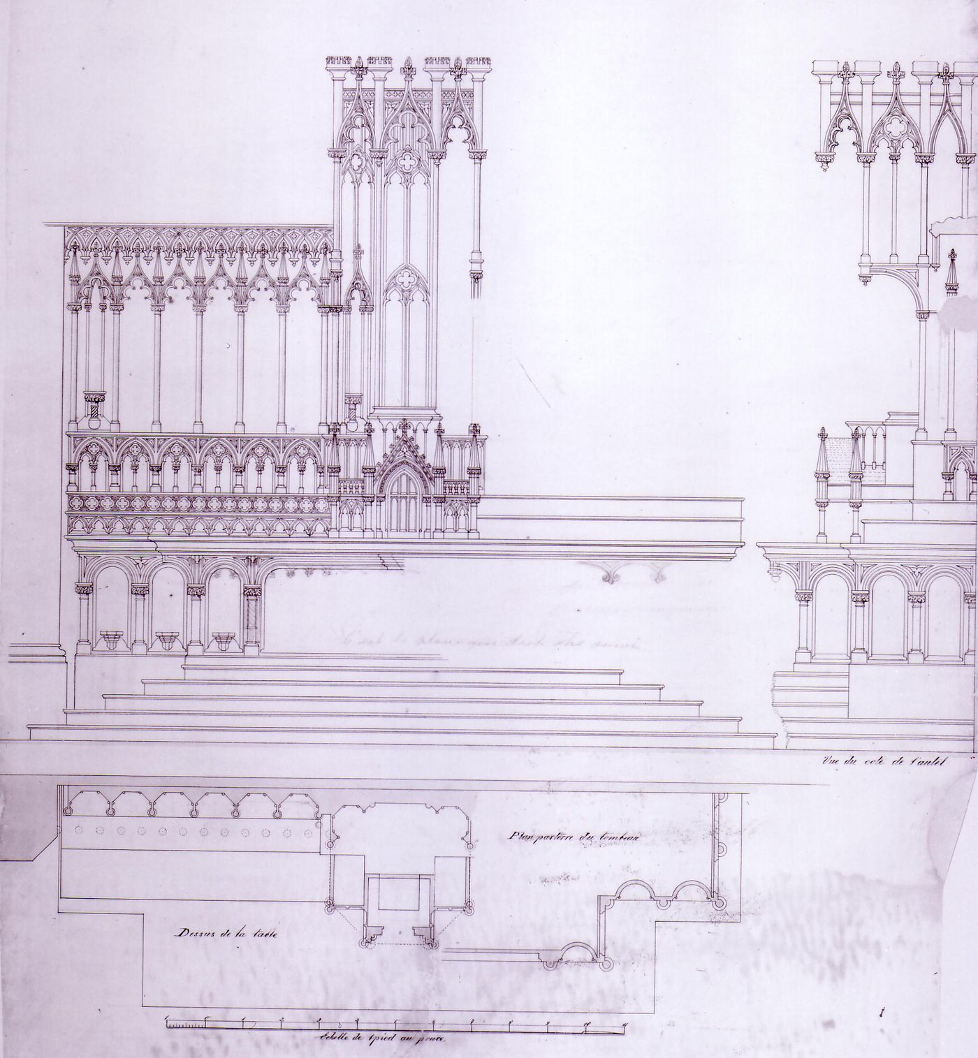 Plan and front and lateral elevations for the high altar for the interior design by Bourgeau et Leprohon for Notre-Dame de Montréal