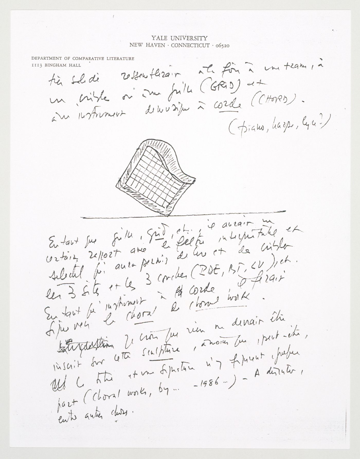 Photocopy of a draft of a letter to Peter Eisenman with drawing for the chora, Project for a Garden, Parc de la Villette, Paris (Chora L Works)