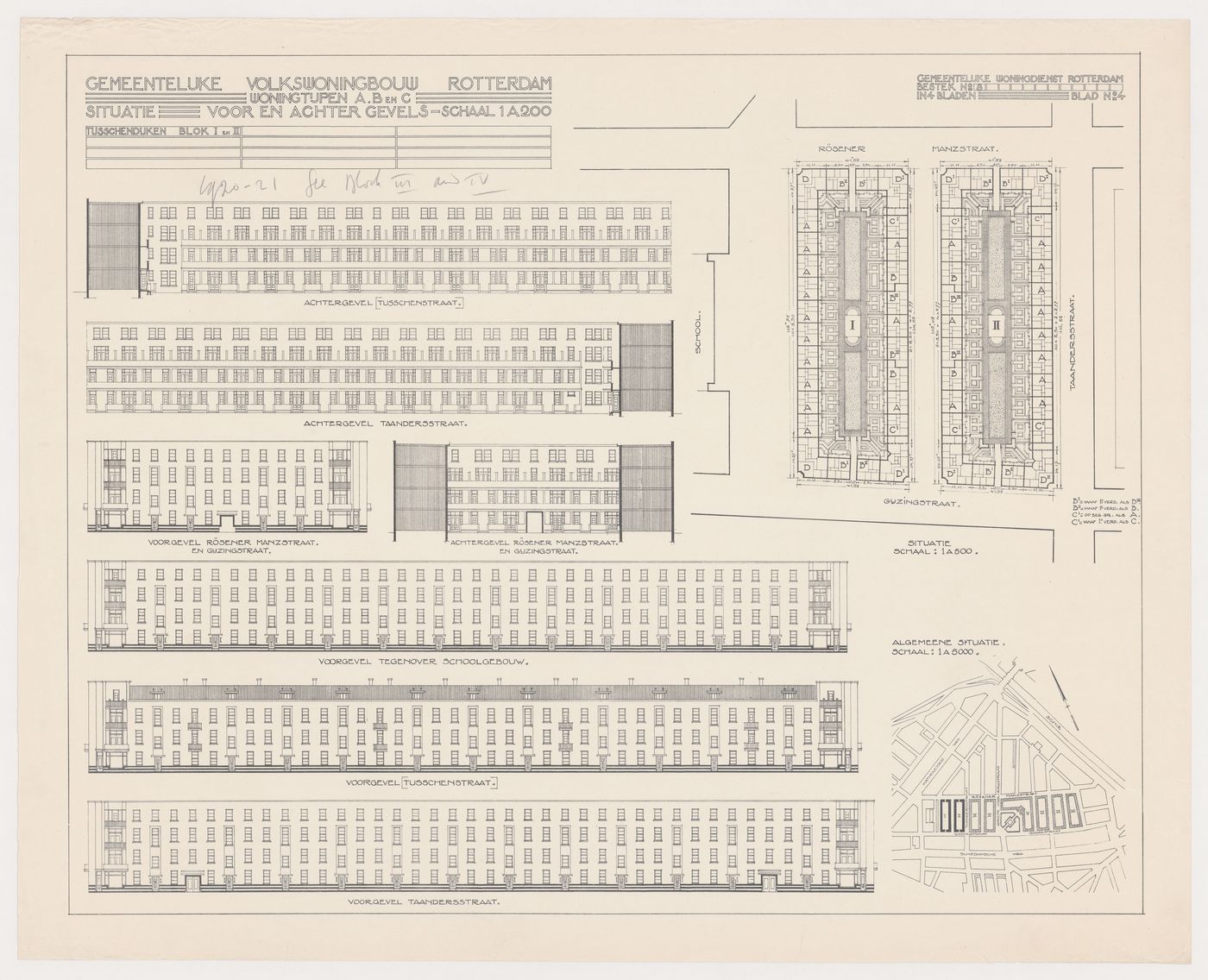 Site plans and elevations for Blocks 1 and 2, Tusschendijken Housing Estate, Rotterdam, Netherlands