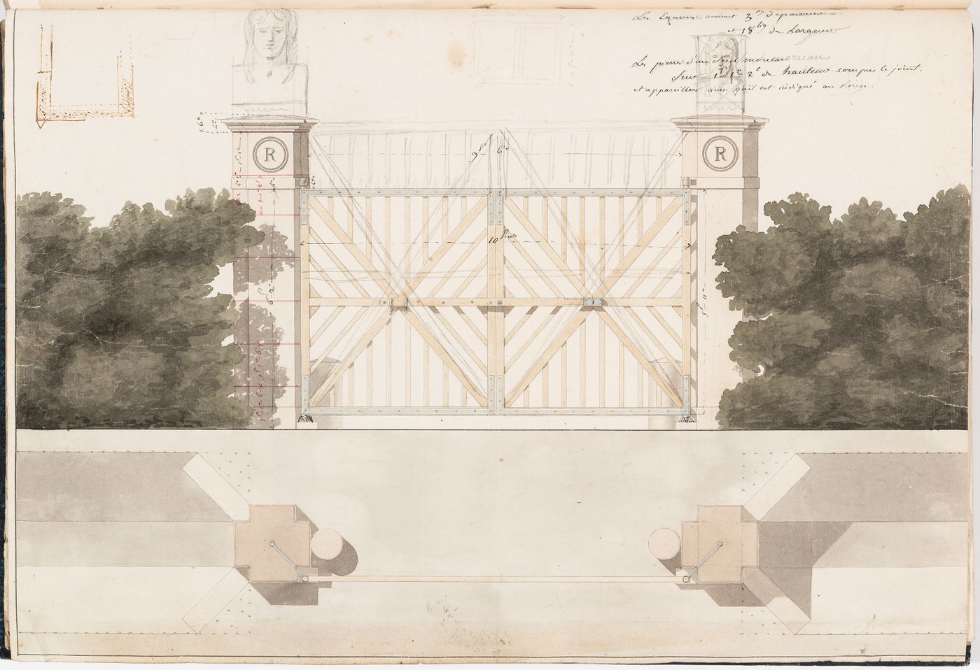 Elevation and plan for a gate, probably for Domaine de La Vallée