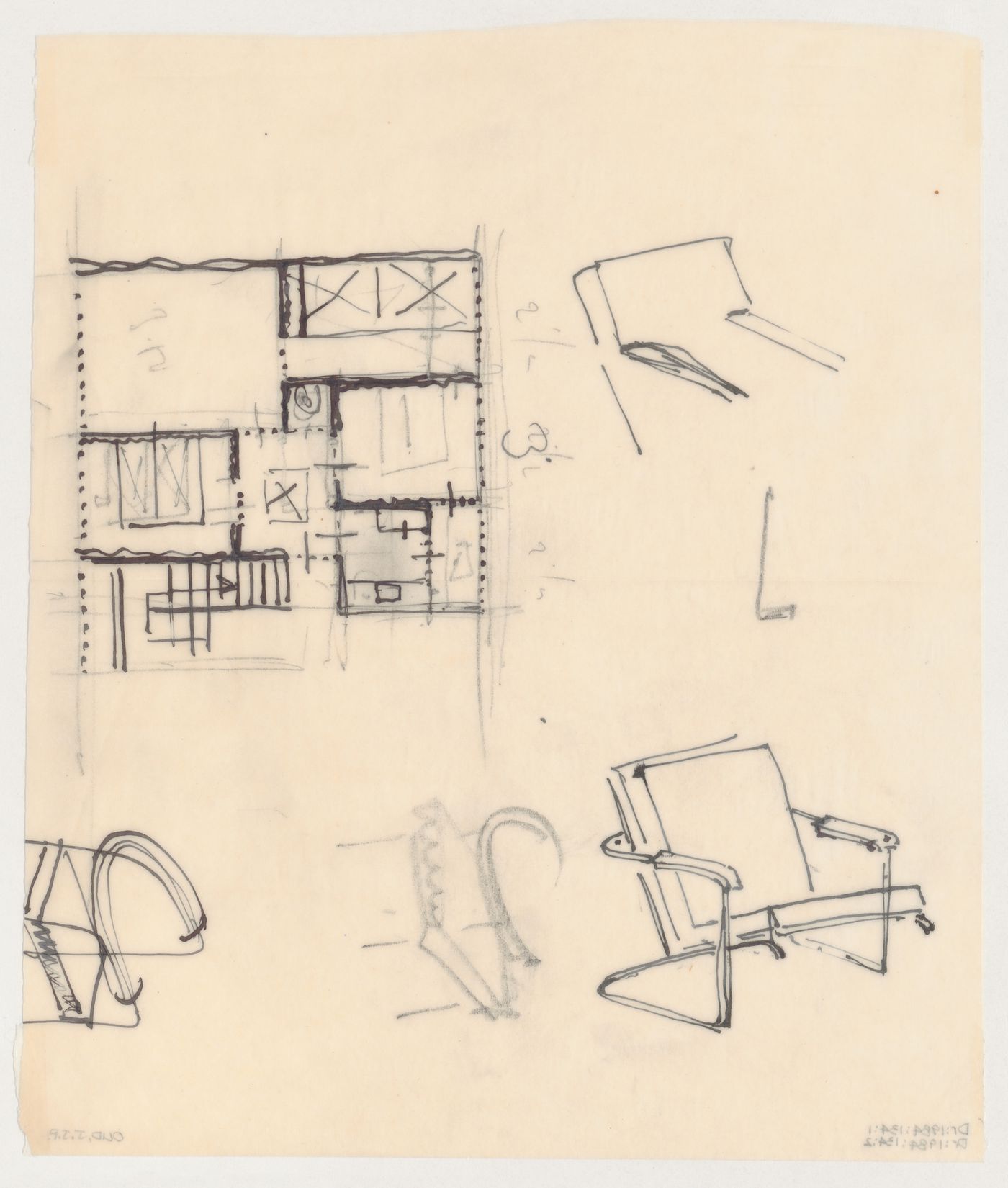 First floor sketch plan for a house [?] and sketch perspectives for a chair, possibly for Metz & Co., Amsterdam, Netherlands; verso: Sketch perspectives for a chair, possibly for Metz & Co., Amsterdam, Netherlands