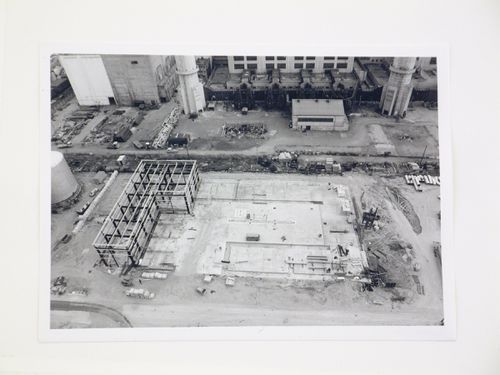 View of foundation and construction of steel structure for power station, from above, United Kingdom