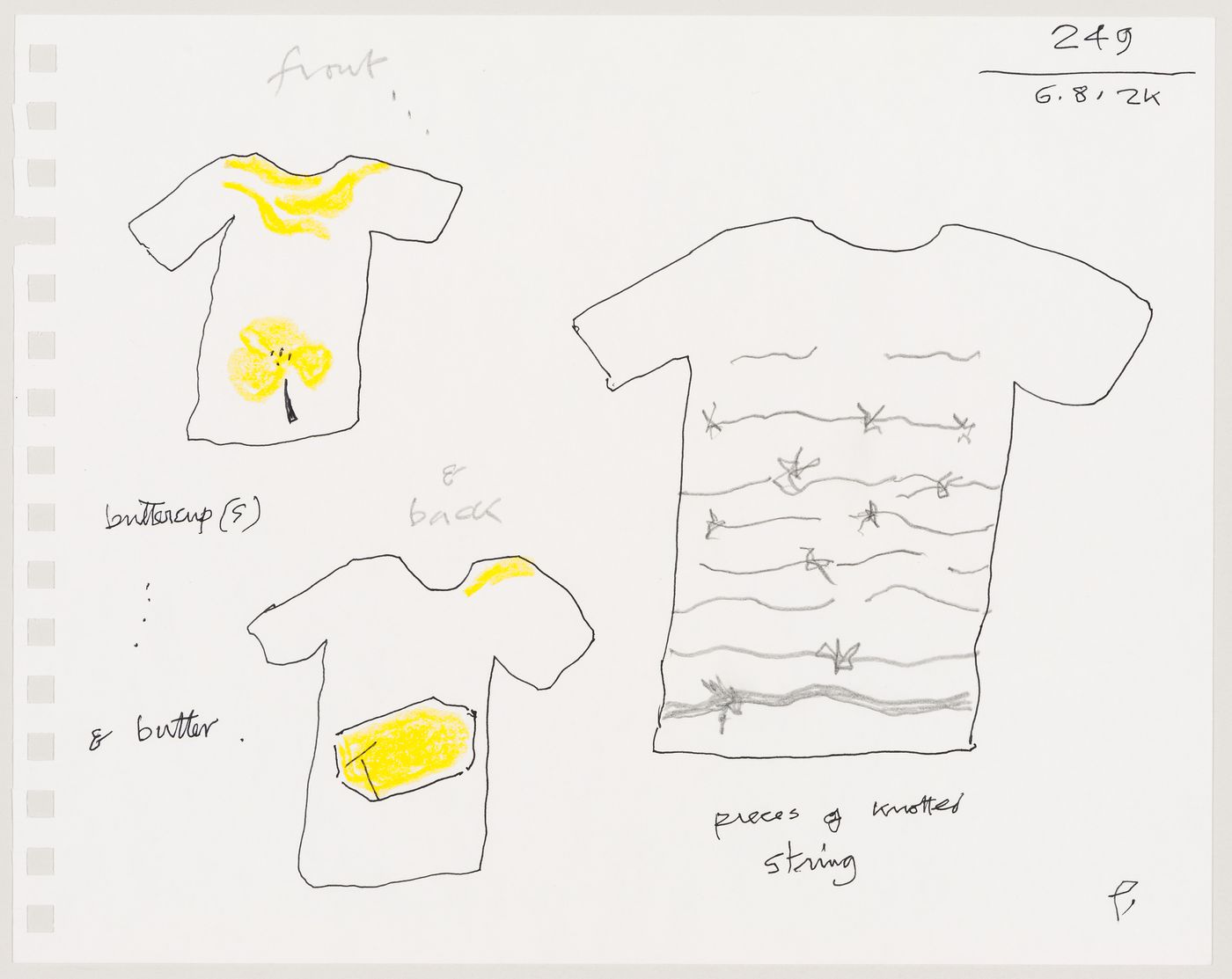 T-shirt design sketches ("buttercup(s) & butter", "pieces of knotted string")